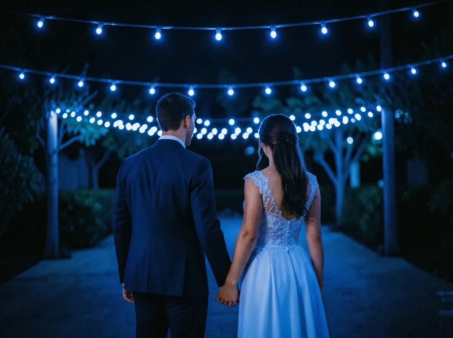 Noivos de mãos dadas sob luzes à noite