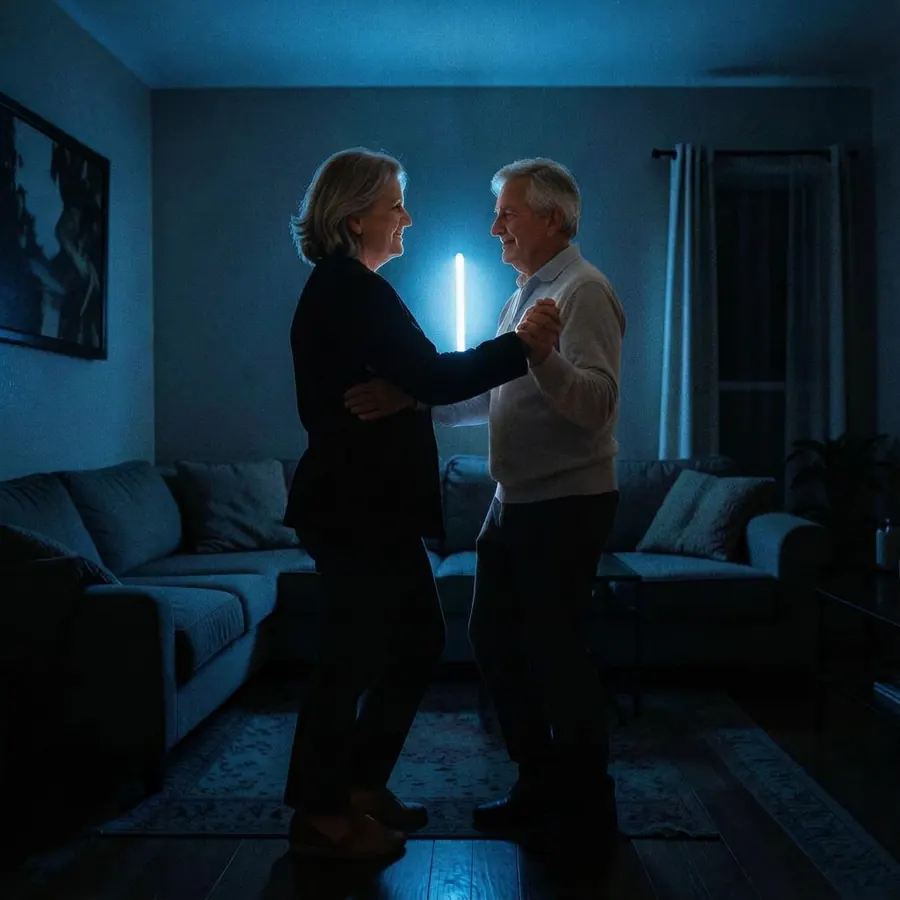 Casal dançando em uma sala escura iluminada por uma luz azul