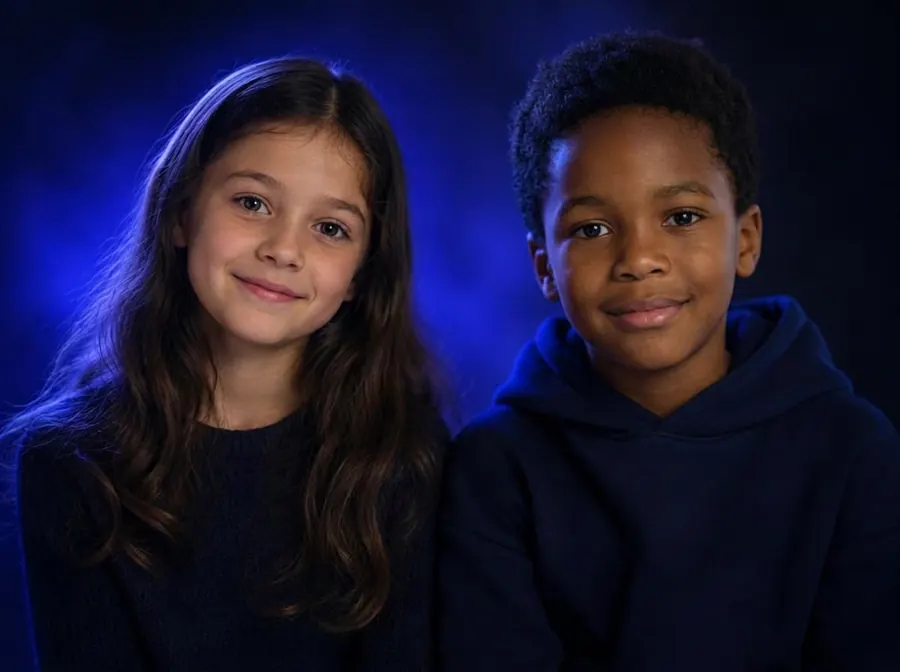 Menina e menino de 6 a 8 anos sorrindo sob luz azul de estúdio